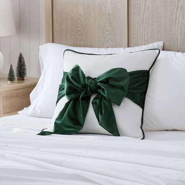 Throw Pillow Bow Motif Green Border White Preppy Green Bow Throw Pillow