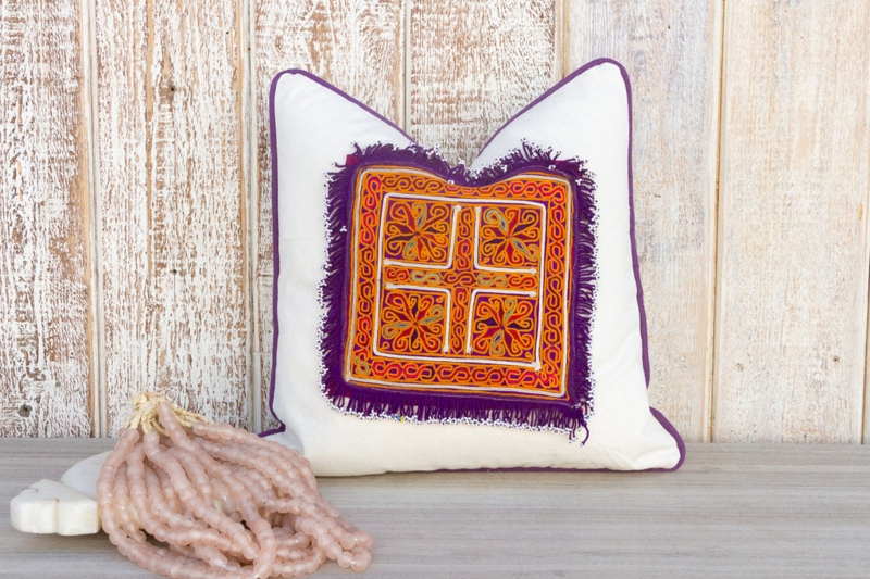 Throw Pillow: Brick Red & Navy Distressed Woven Pattern, Fringed