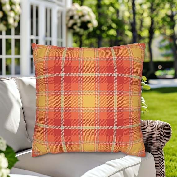 Throw Pillow Bright Citrus Outdoor Pillow Styling with Warm Tartan