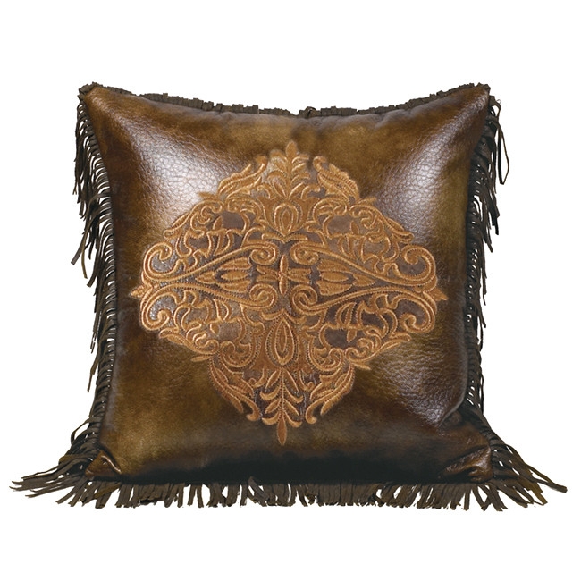 Throw Pillow: Brown Faux Leather, Embroidered Floral, Southwestern Decor