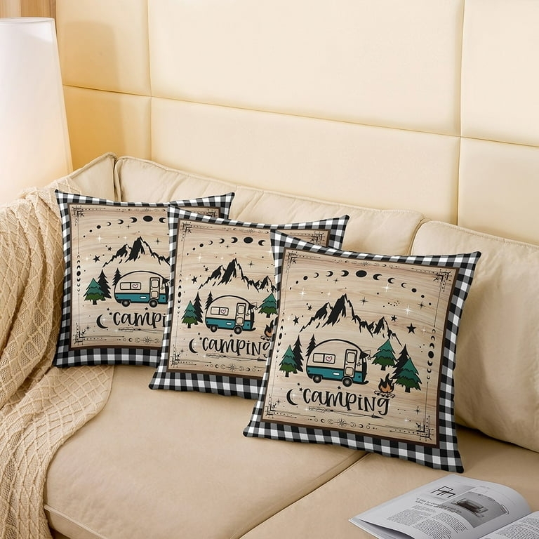 Throw Pillow, Buffalo Check Border, Camping Graphic, Rustic Adventure Lodge