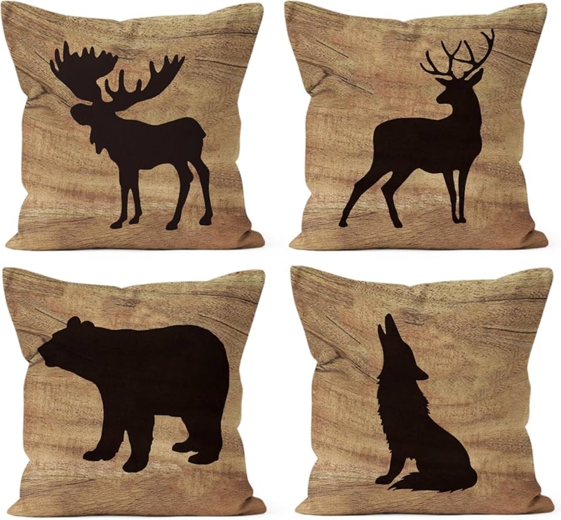 Throw Pillow, Buffalo Plaid Border, Moose Silhouette, Rustic Cabin Lodge Decor