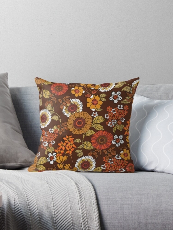Throw Pillow: Burnt Orange & Brown 70s Retro Flower Power Motif