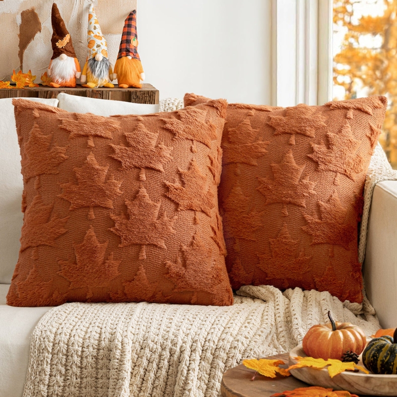 Throw Pillow: Caramel Plush, Embossed Maple Leaf for Cozy Autumn Decor
