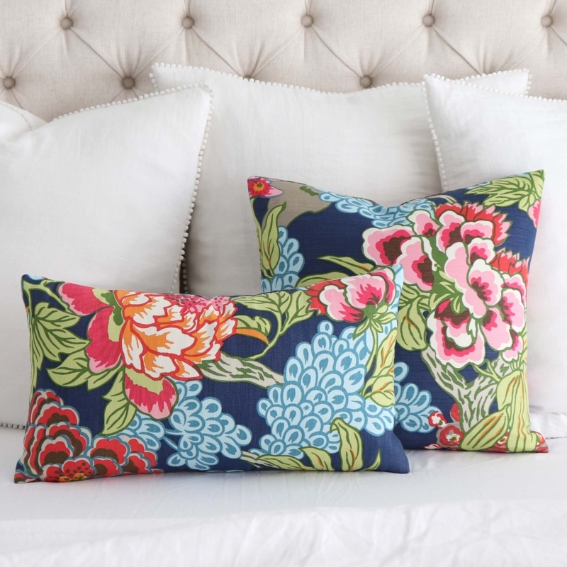 Throw Pillow Chinoiserie Pattern Bird Motif Navy Blue Traditional