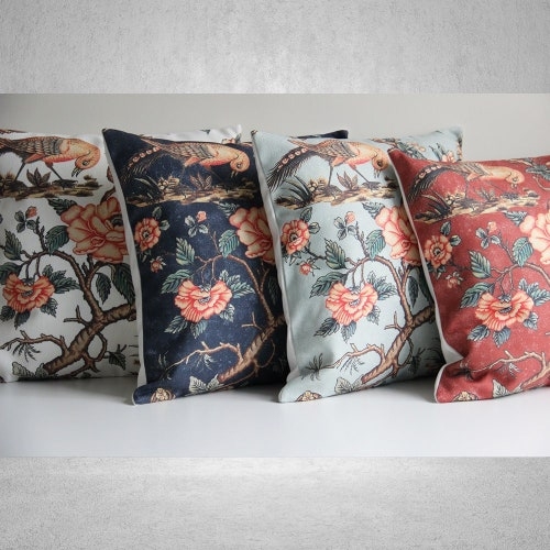 Throw Pillow Chinoiserie Pattern Bird Motif Teal Floral Piped Edges