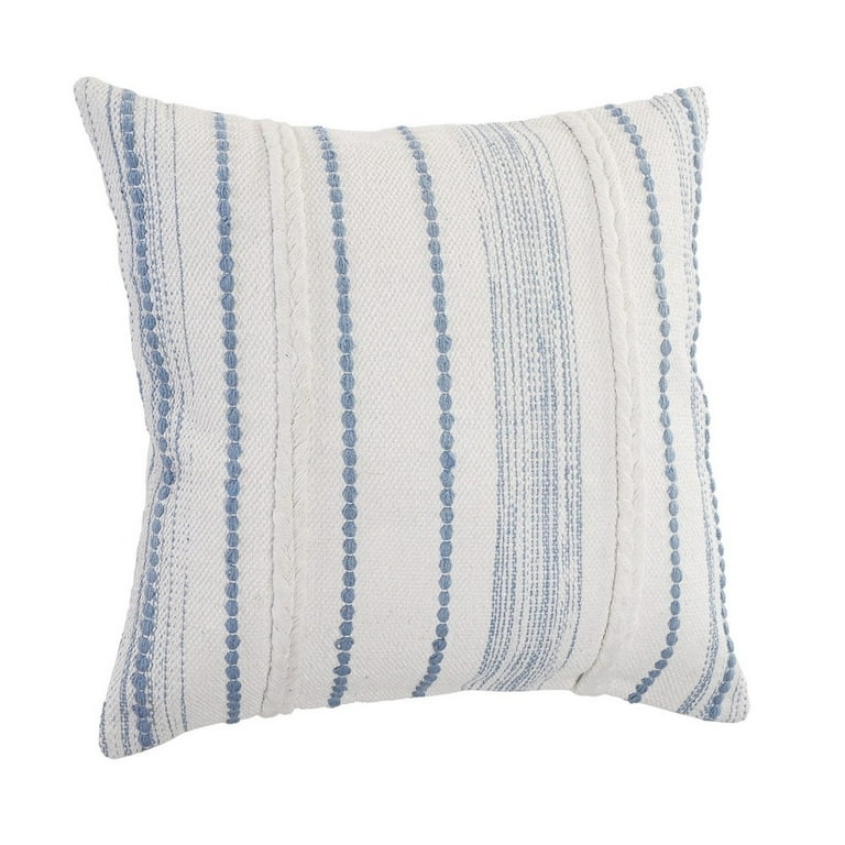 Throw Pillow Coastal Blue White Striped Cotton Fabric Fringe Trim