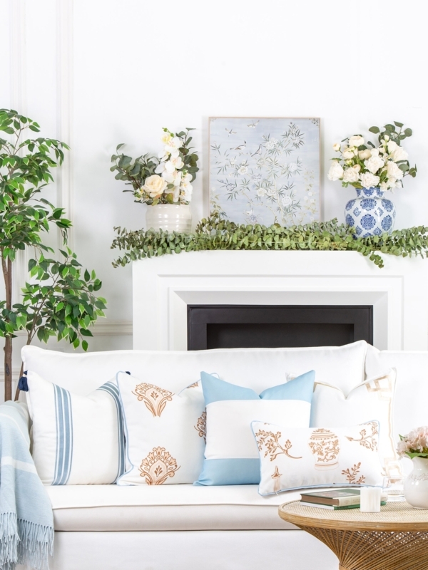 Throw Pillow: Coastal Botanical Print with Blue Contrast Piping