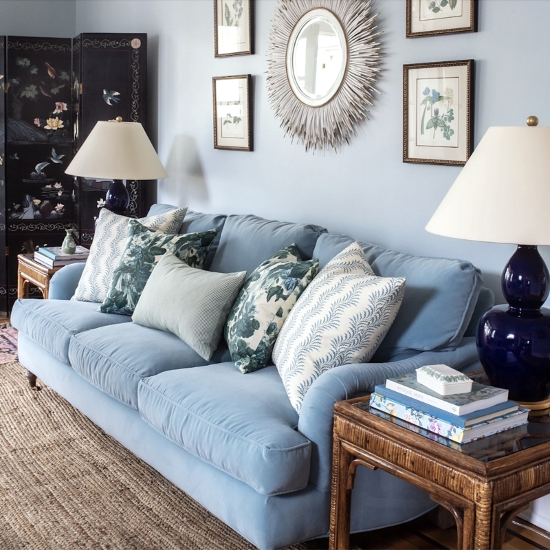 Throw Pillow Coastal Style Arrangement using Coordinated Blue Prints