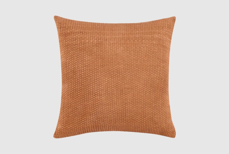 Throw Pillow: Cognac Suede Throw Pillow with Flange Border Detail.