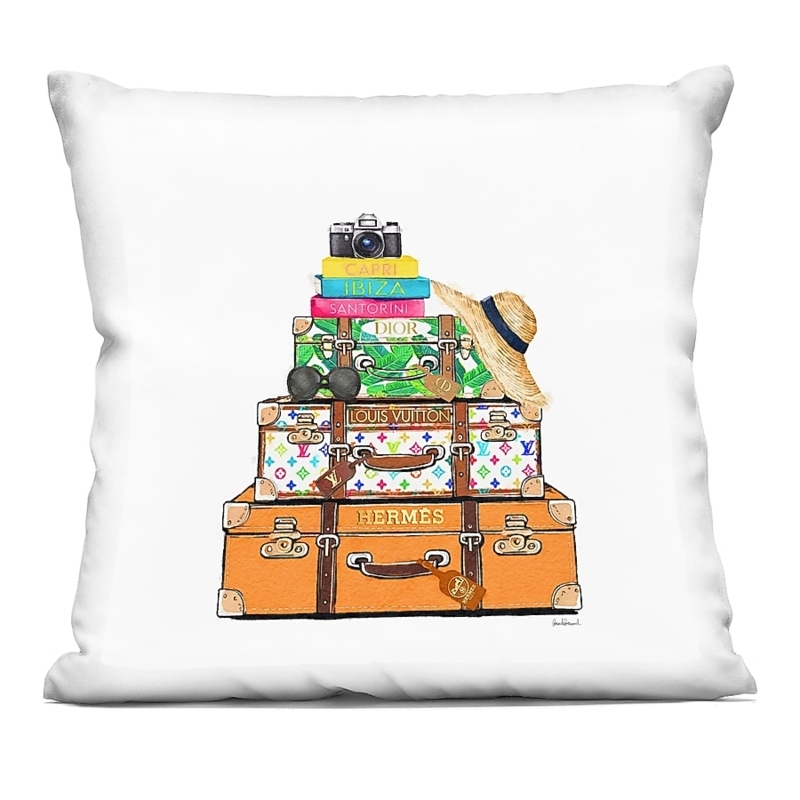 Throw Pillow: Colorful Fashion Illustration of Stacked Travel Cases