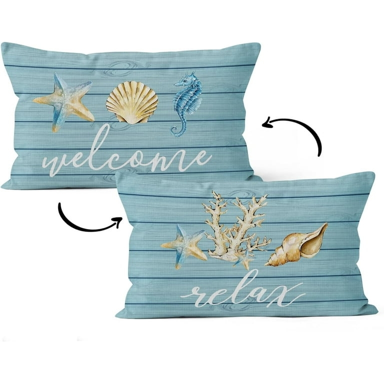 Throw Pillow, Compass Rose Motif, Linen Texture, Navy Blue Coastal Theme.