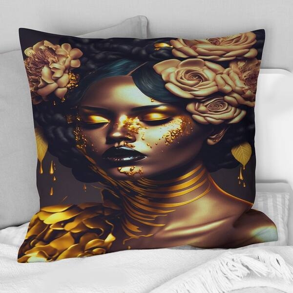 Throw Pillow Contemporary High Contrast Portrait Golden Floral Print