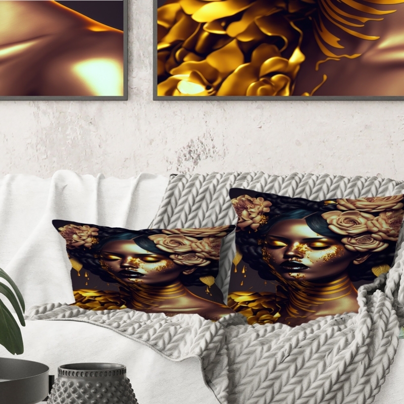 Throw Pillow Contemporary Portrait Graphic Gold Floral Art Print