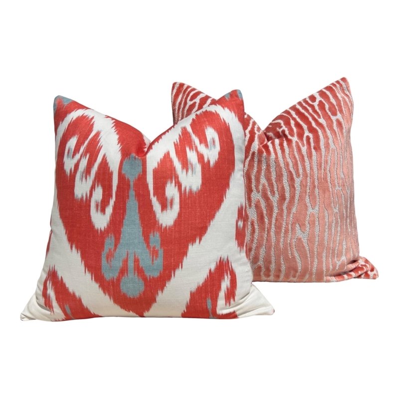 Throw Pillow Coral Aqua Floral Ikat Flanged Coastal Accent