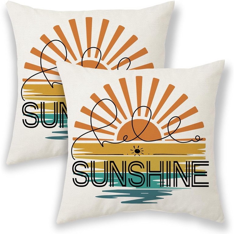 Throw Pillow Cover: Abstract Line Art & 'Hello Sunshine' Text