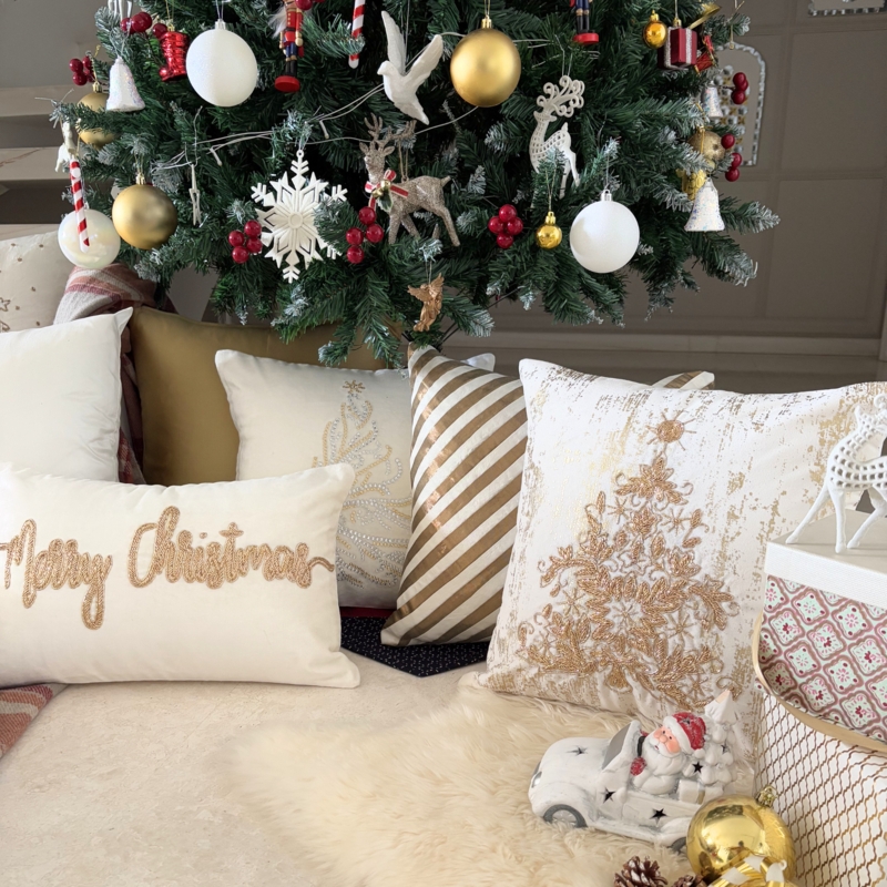 Throw Pillow Cover: Beaded Reindeer, Ivory Silk Holiday Set