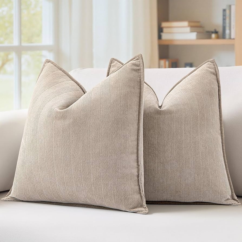Throw Pillow Cover, Beige Chenille-Like, Wavy Diamond Texture, Cozy Style