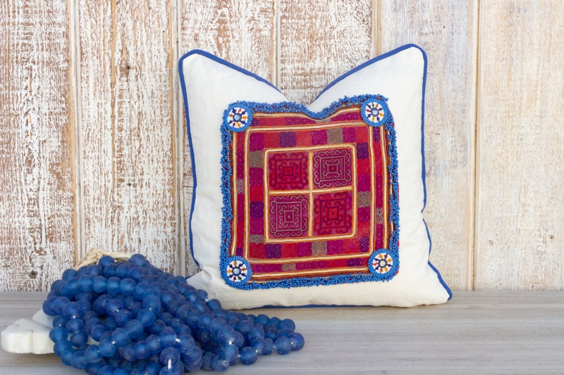 Throw Pillow Cover: Blue & Tan Geometric Block Print, Velvet Piping