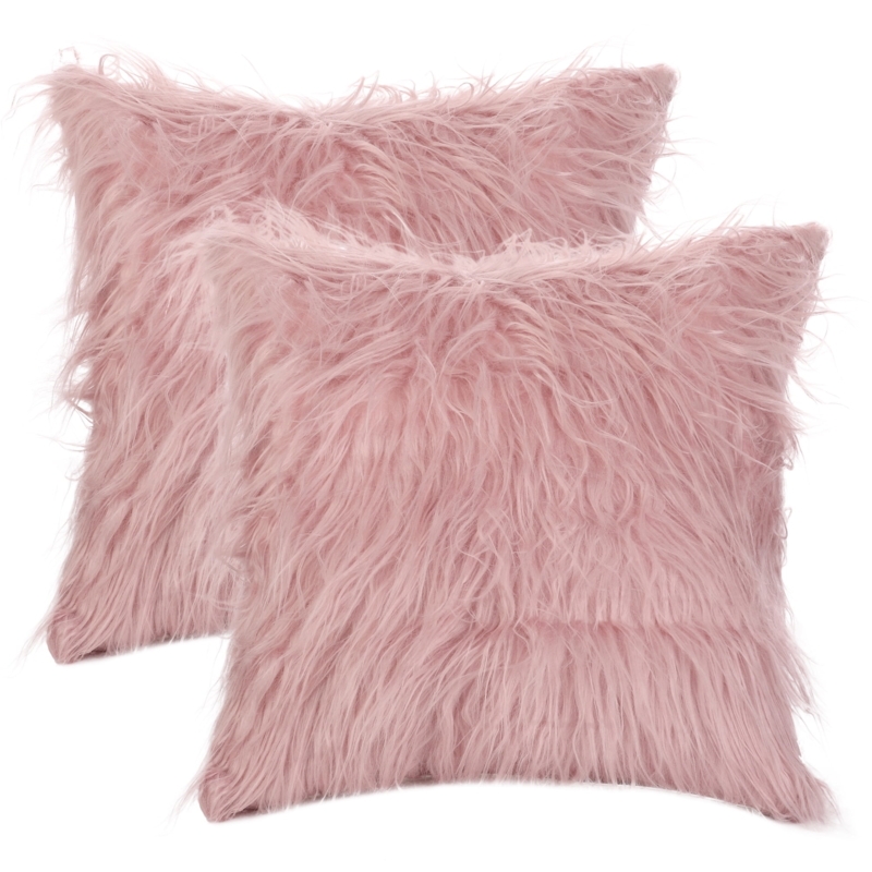 Throw Pillow Cover: Blush Pink Shaggy Faux Fur Texture, Set of 2