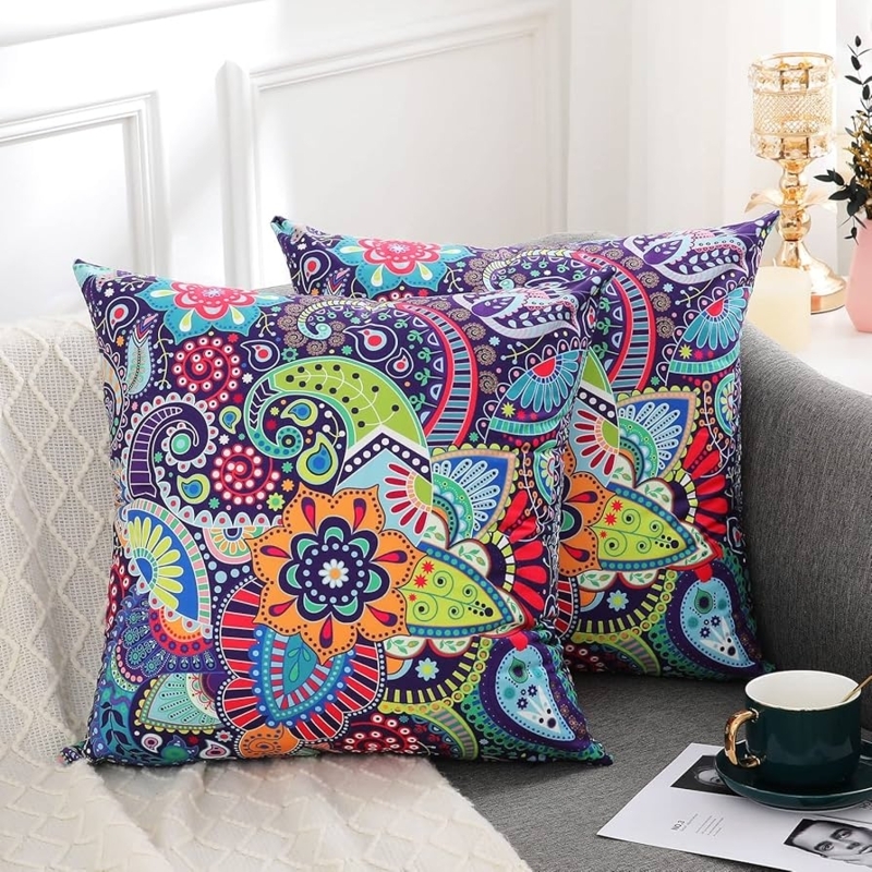 Throw Pillow Cover Bohemian Paisley Print Vibrant Floral Velvet