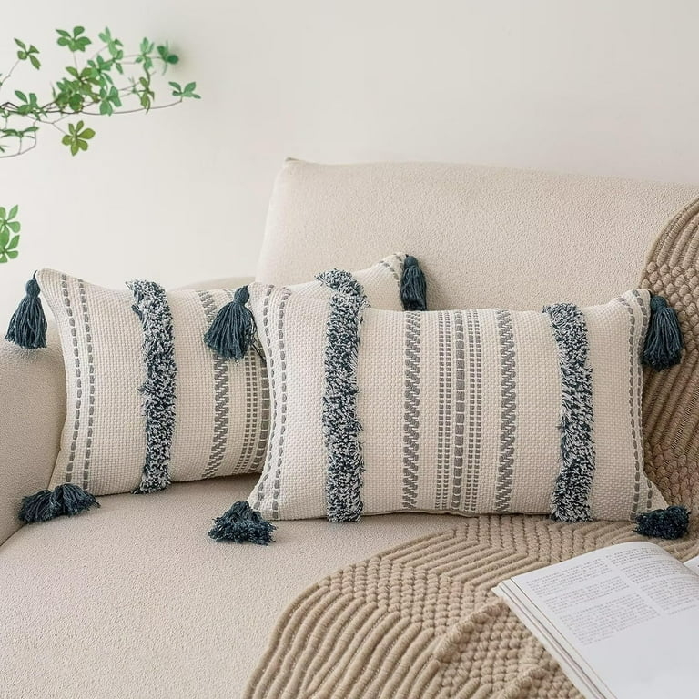 Throw Pillow Cover Boho Lumbar Cream Geometric Tufting Tassels