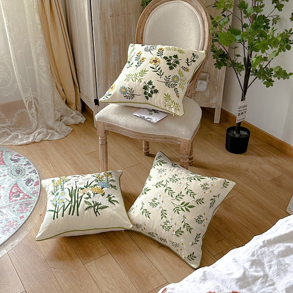 Throw Pillow Cover, Botanical Embroidery, Raised Texture, Boho Earth Tones