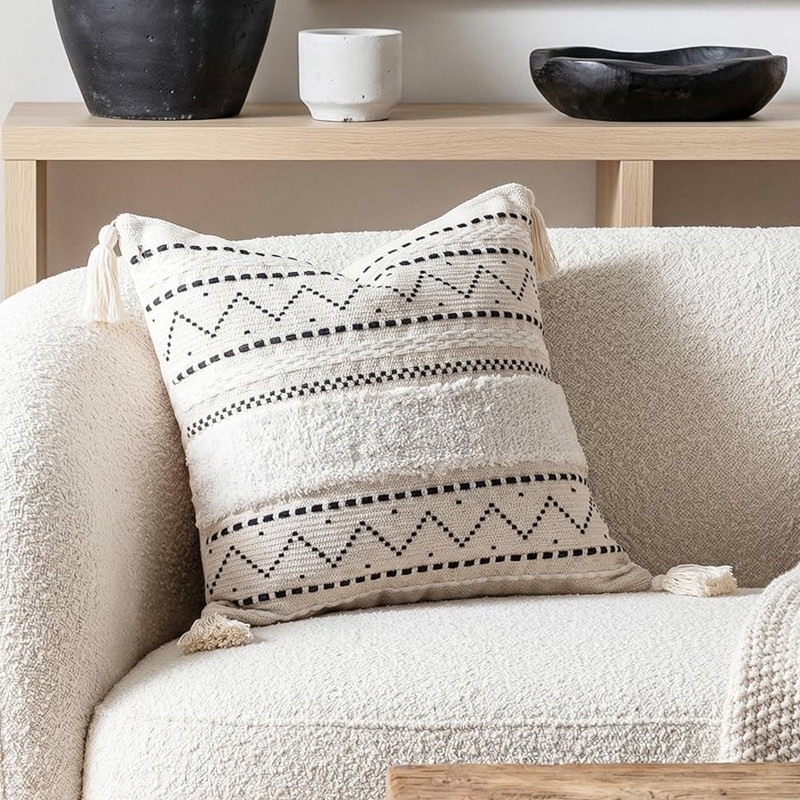 Throw Pillow Cover: Cream & Black High Contrast Geometric Tufted