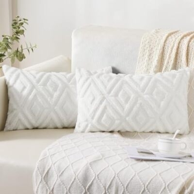 Throw Pillow Cover, Cream Short Pile Faux Fur Shaggy Lumbar