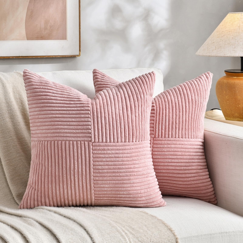 Throw Pillow Cover: Cross Corduroy Patchwork, Blush Pink Modern Farmhouse.