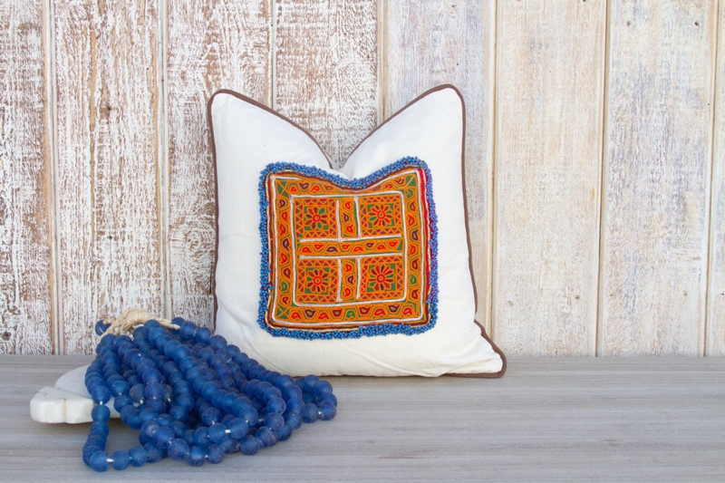 Throw Pillow Cover: Dusty Blue & Rust Tribal Motif, Woven Fabric