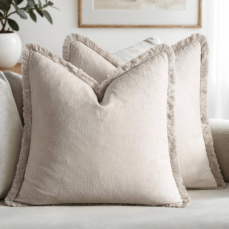 Throw Pillow Cover Fringed Edges Linen Like Texture Natural Beige Covers