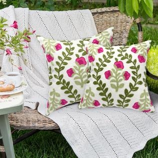 Throw Pillow Cover: Hot Pink Floral Embroidery, Set of 2