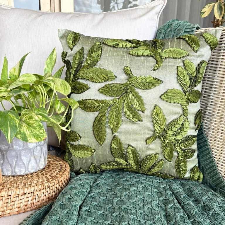 Throw Pillow Cover Lustrous Finish Botanical Print Silk-Like Decor