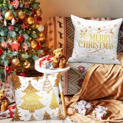 Throw Pillow Cover: Metallic Gold Graphics, White Linen Set