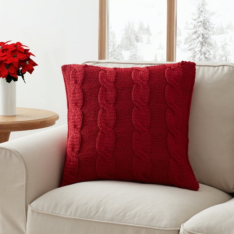 Throw Pillow Cover Red Cable Knit Chunky Texture Ribbed Edges Farmhouse