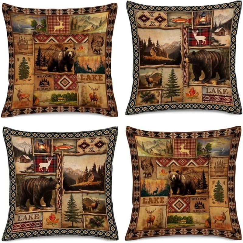 Throw Pillow Cover Rustic Lodge Bear Motif Woven Fabric Set