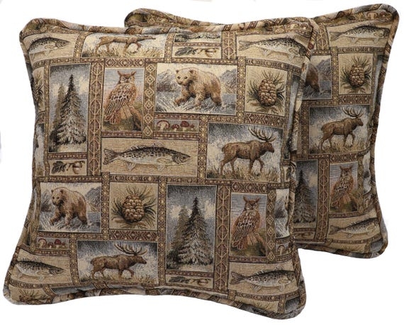 Throw Pillow Cover Rustic Lodge Wildlife Silhouettes Tan Linen