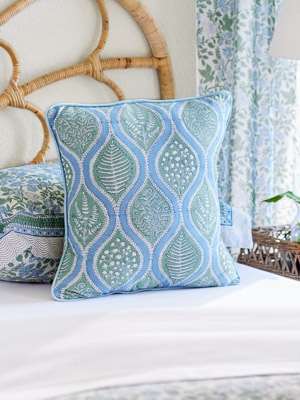 Throw Pillow Cover: Sage Green with Blue Fern Pattern & Flanged Edge