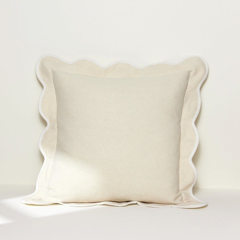 Throw Pillow Cover Scalloped Edge Linen Like Beige Coastal Chic Styling