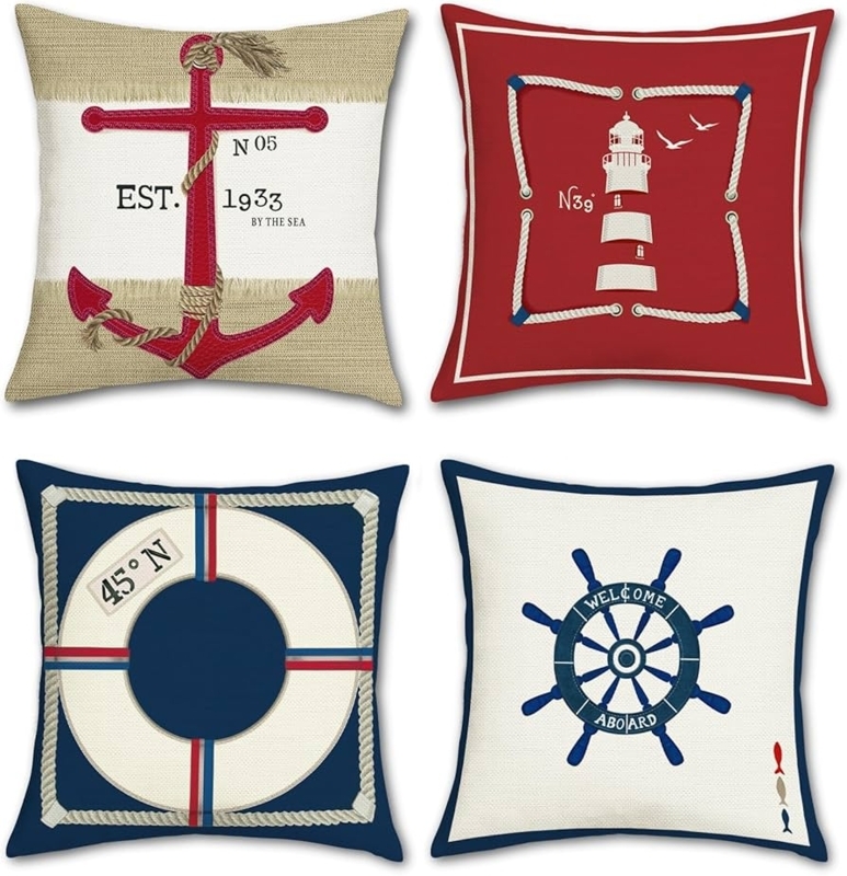 Throw Pillow Cover Set, Anchor and Lighthouse Prints, Navy and Red Nautical Theme.