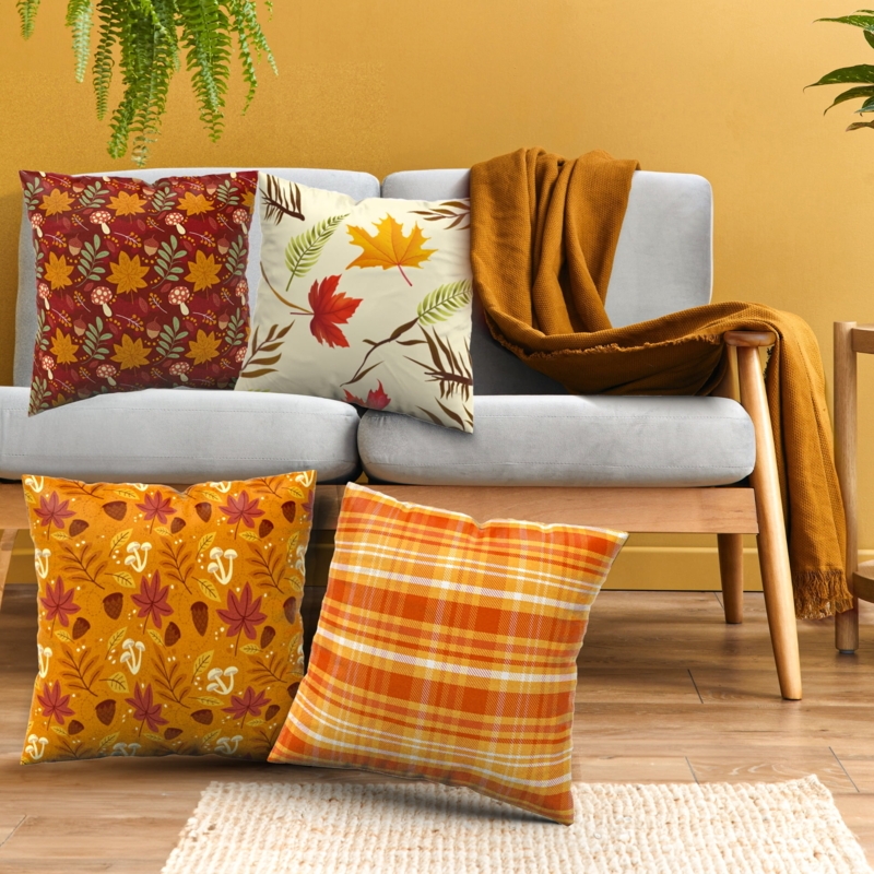 Throw Pillow Cover Set Maple Leaf Pattern Linen-Like Rustic Autumn Deco