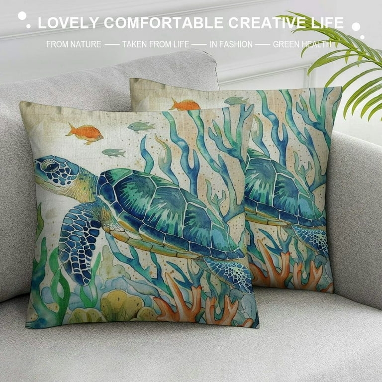 Throw Pillow Cover Set Sea Turtle Motif Linen-Like Aquatic Palette