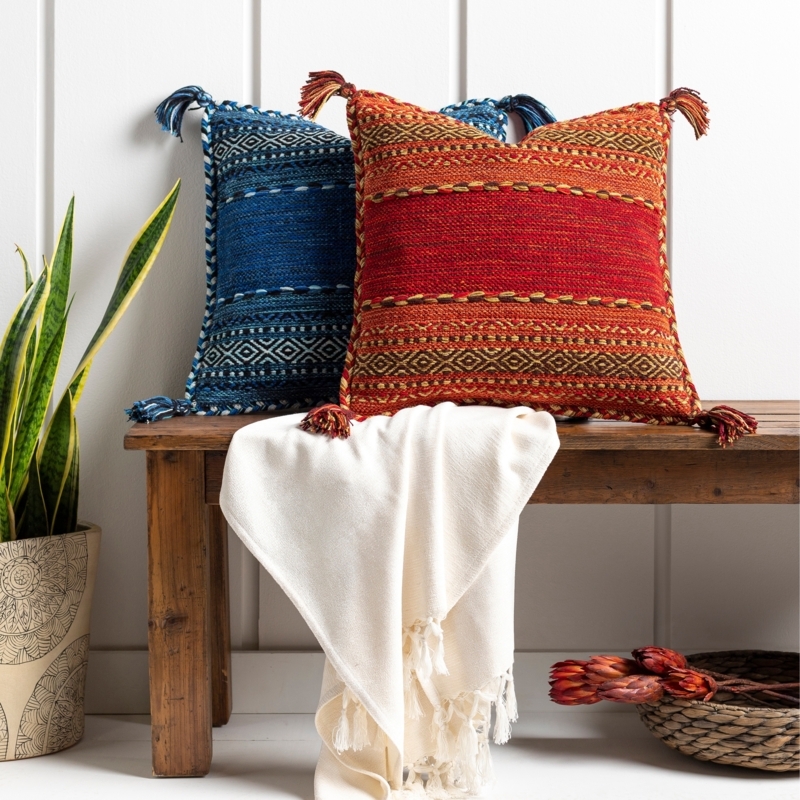 Throw Pillow Cover Southwest Style Cream Navy Geometric Woven Tassels