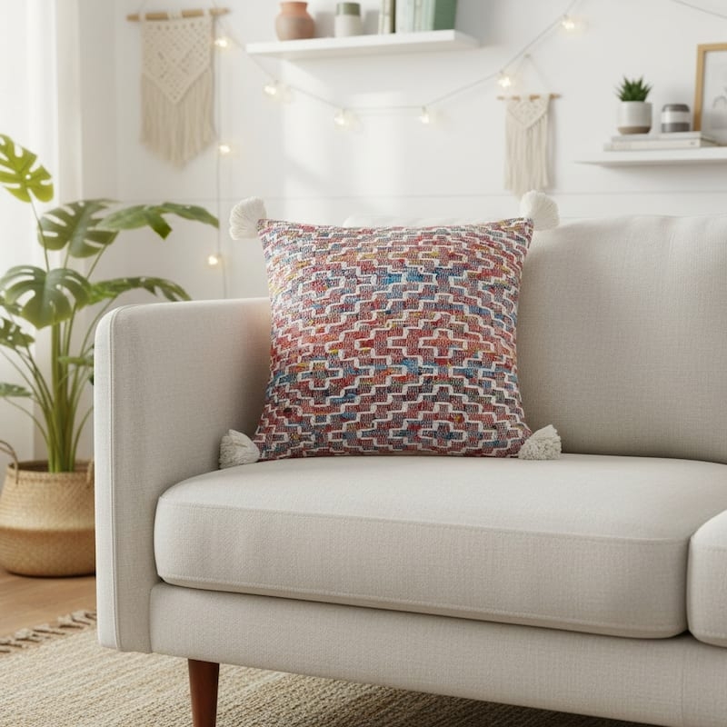 Throw Pillow Cover: Southwestern Geometric Diamond, Beige with Tassels.