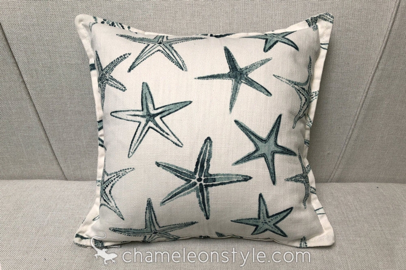 Throw Pillow Cover, Starfish Motif & Corded Piping, Coastal Nautical
