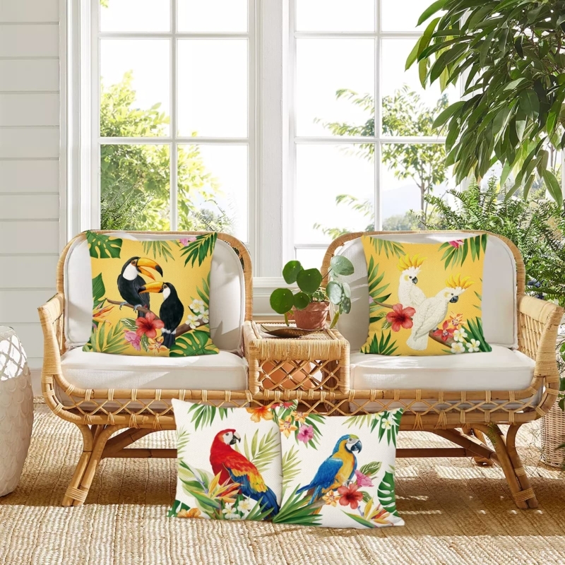 Throw Pillow Cover Tropical Bird Motifs Linen Texture Eclectic Decor