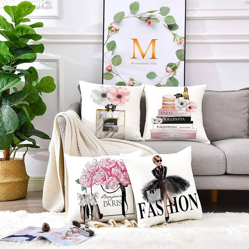 Throw Pillow Cover Velvet Parisian Chic Fashion Graphics Pink