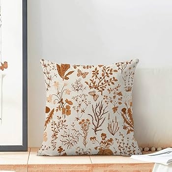 Throw Pillow Cover: Wild Flower Print, Burnt Orange, Textured Linen.