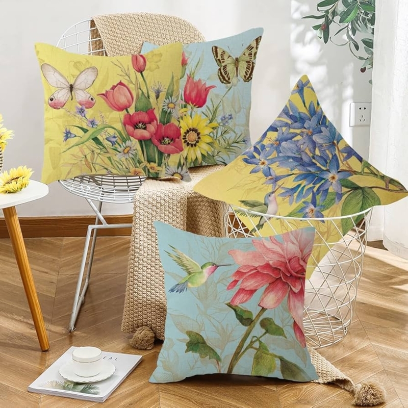 Throw Pillow Cover: Wildflower & Butterfly Print on Linen-Like Fabric